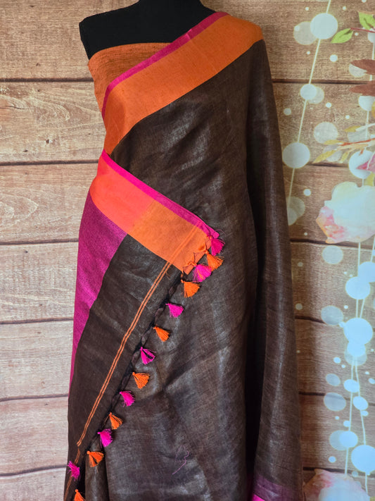 Dark brown/ orange cotton linen saree with stitched blouse