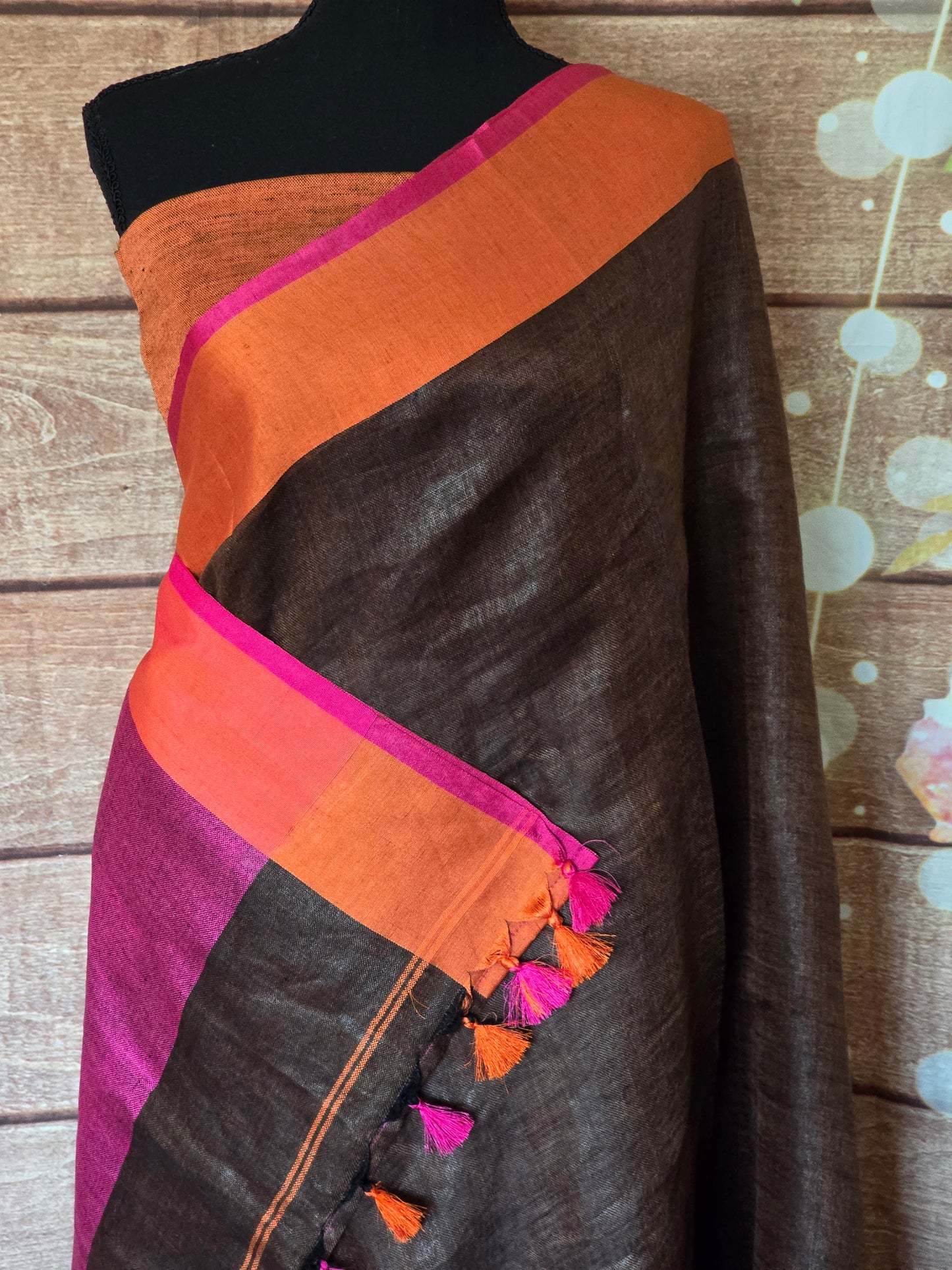 Dark brown/ orange cotton linen saree with stitched blouse