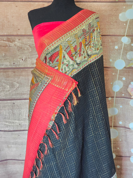 Crape silk saree with kalamlari border- stitched blouse