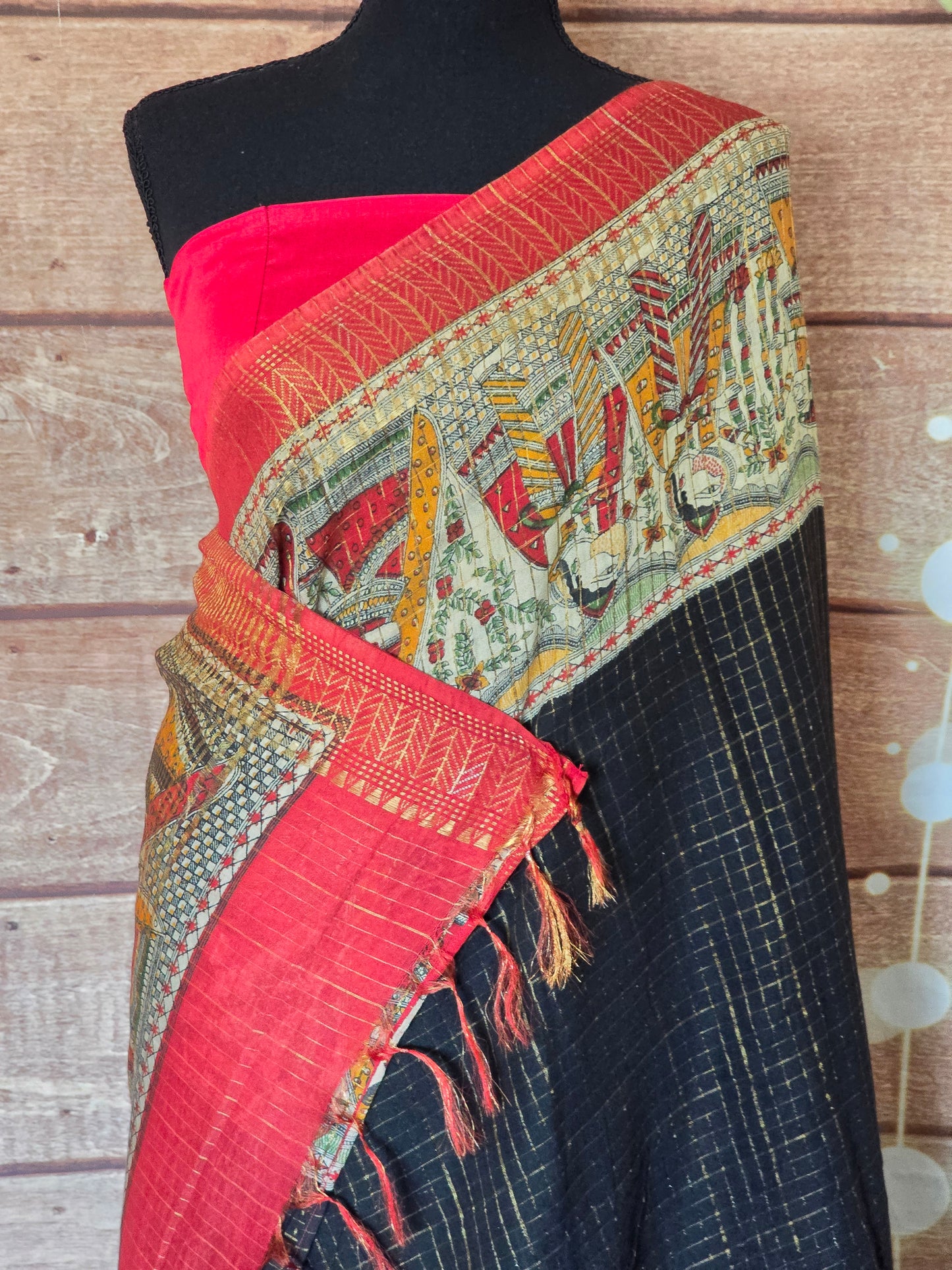 Crape silk saree with kalamlari border- stitched blouse