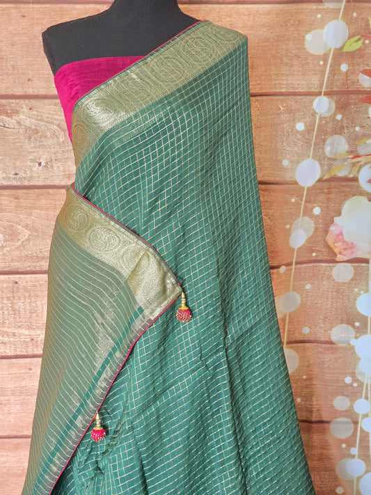 Semi organza saree with check design- stitched blouse