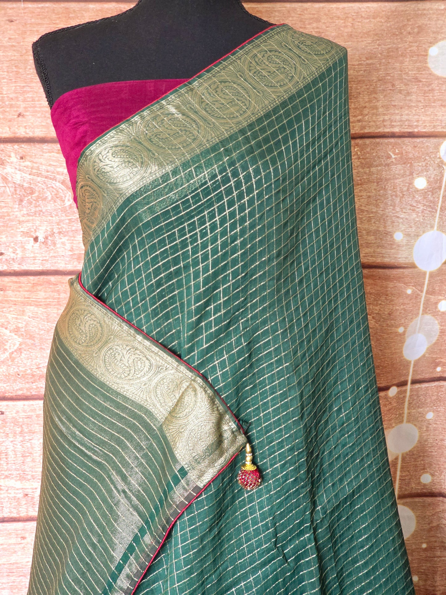 Semi organza saree with check design- stitched blouse