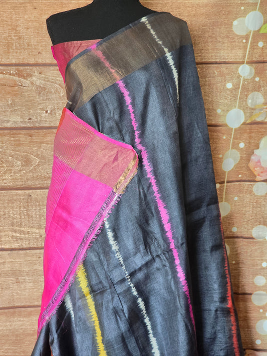 Dark grey tussar silk saree with stitched blouse