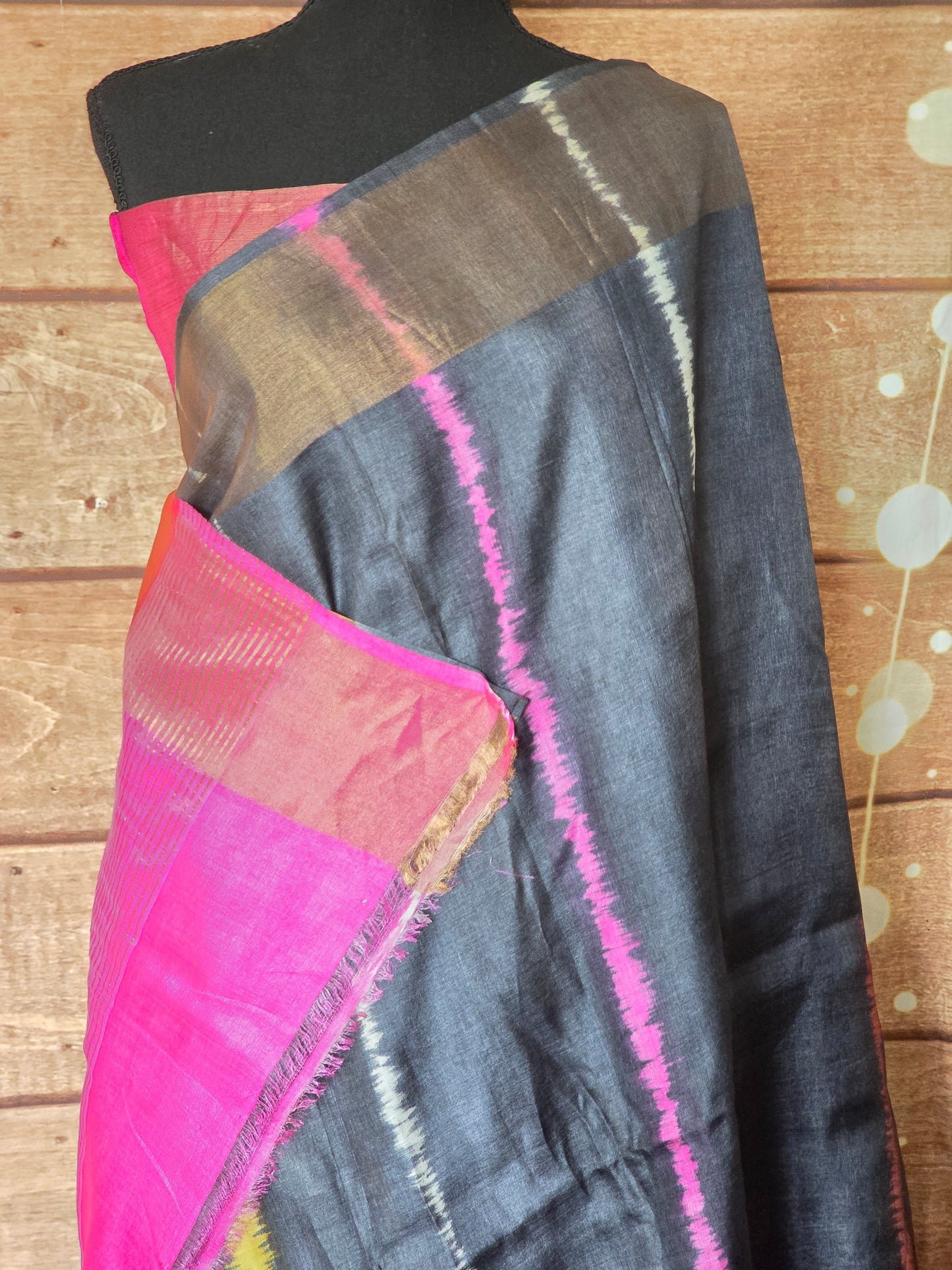 Dark grey tussar silk saree with stitched blouse