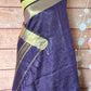 Cotton Linen saree with gold border- Stitched blouse