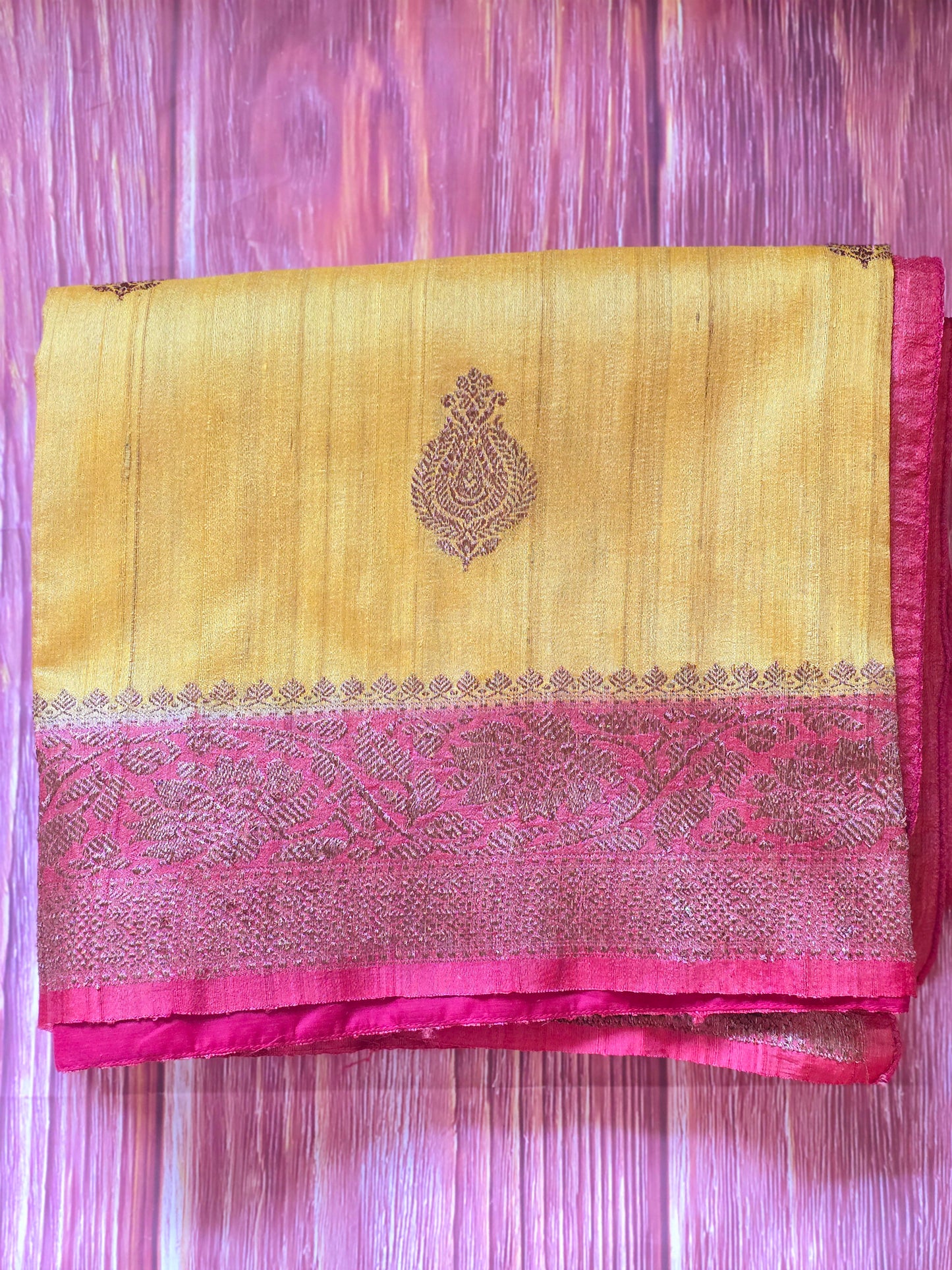 Tussar silk saree with watermelon banarasi border-stitched blouse