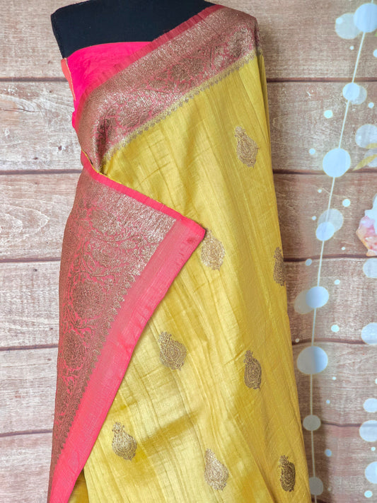 Tussar silk saree with watermelon banarasi border-stitched blouse