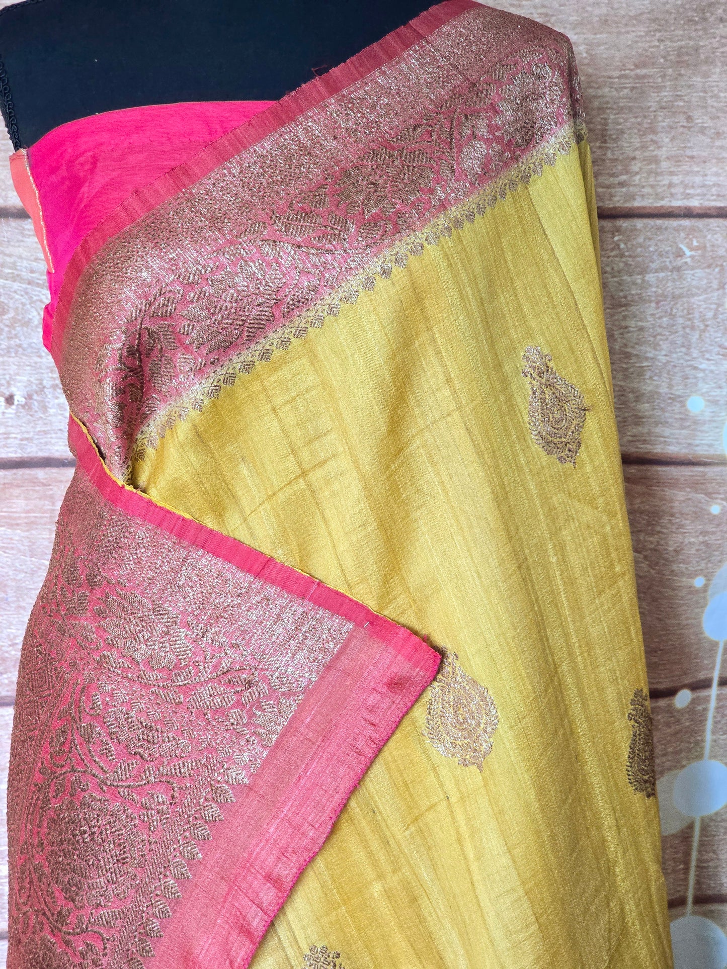 Tussar silk saree with watermelon banarasi border-stitched blouse