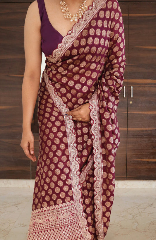 Khadi georgette designer saree with sabyasachi borders- stitched blouse