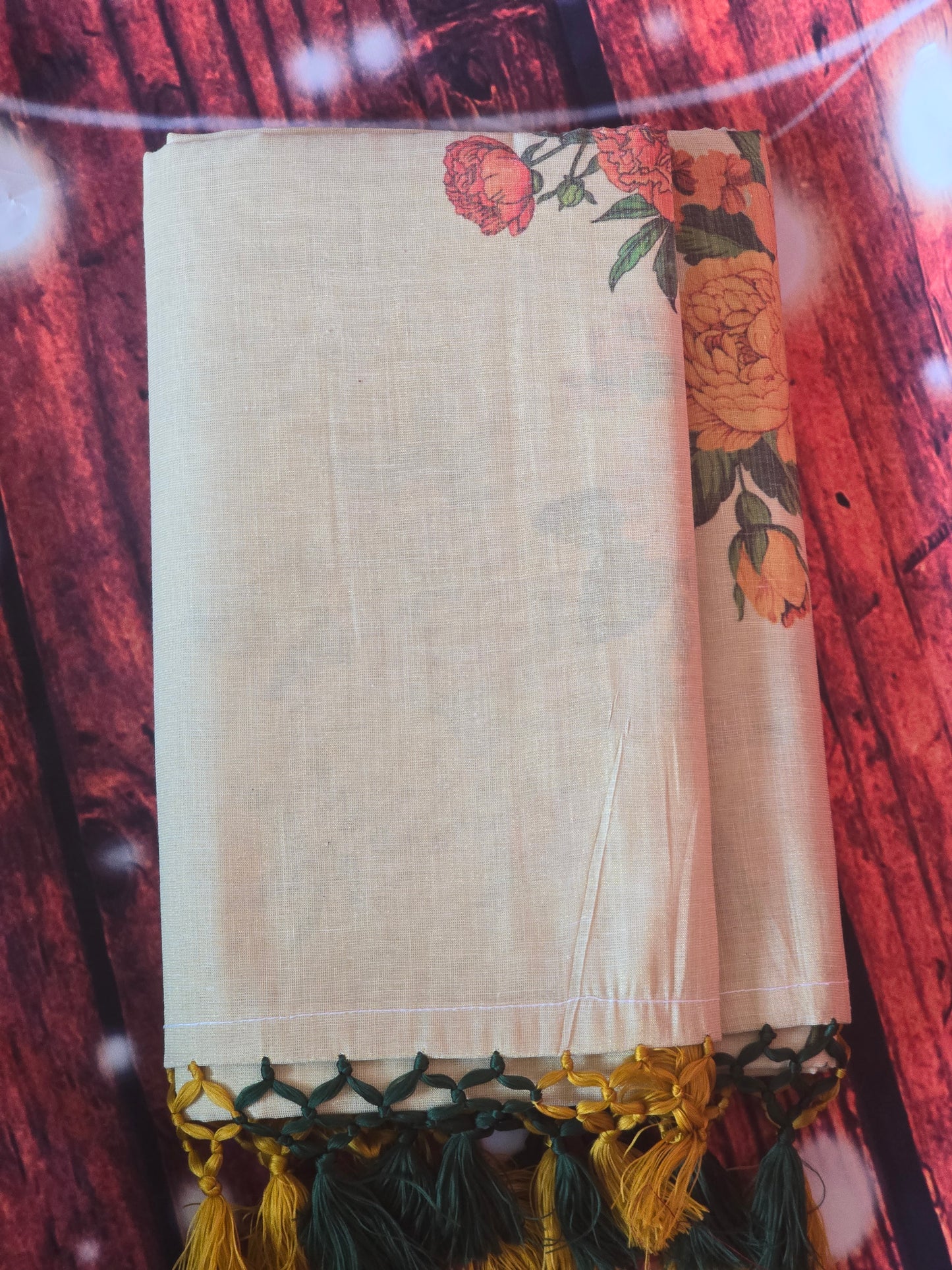 Tissue set saree with green yellow floral design