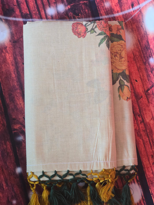 Tissue set saree with green yellow floral design