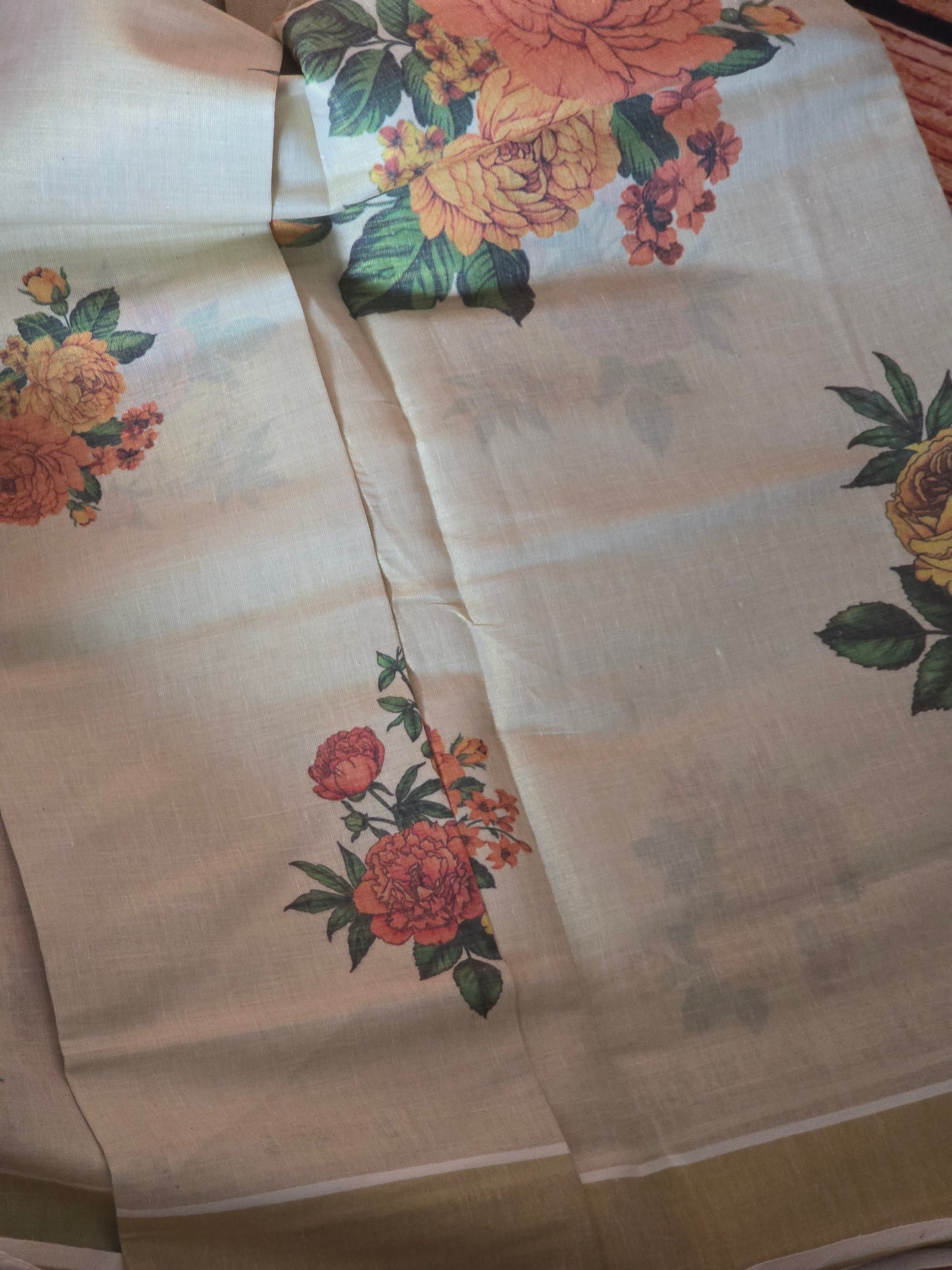 Tissue set saree with green yellow floral design