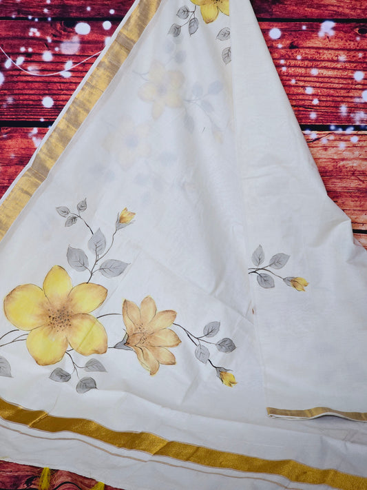 Set saree with yellow floral design (blouse available extra)