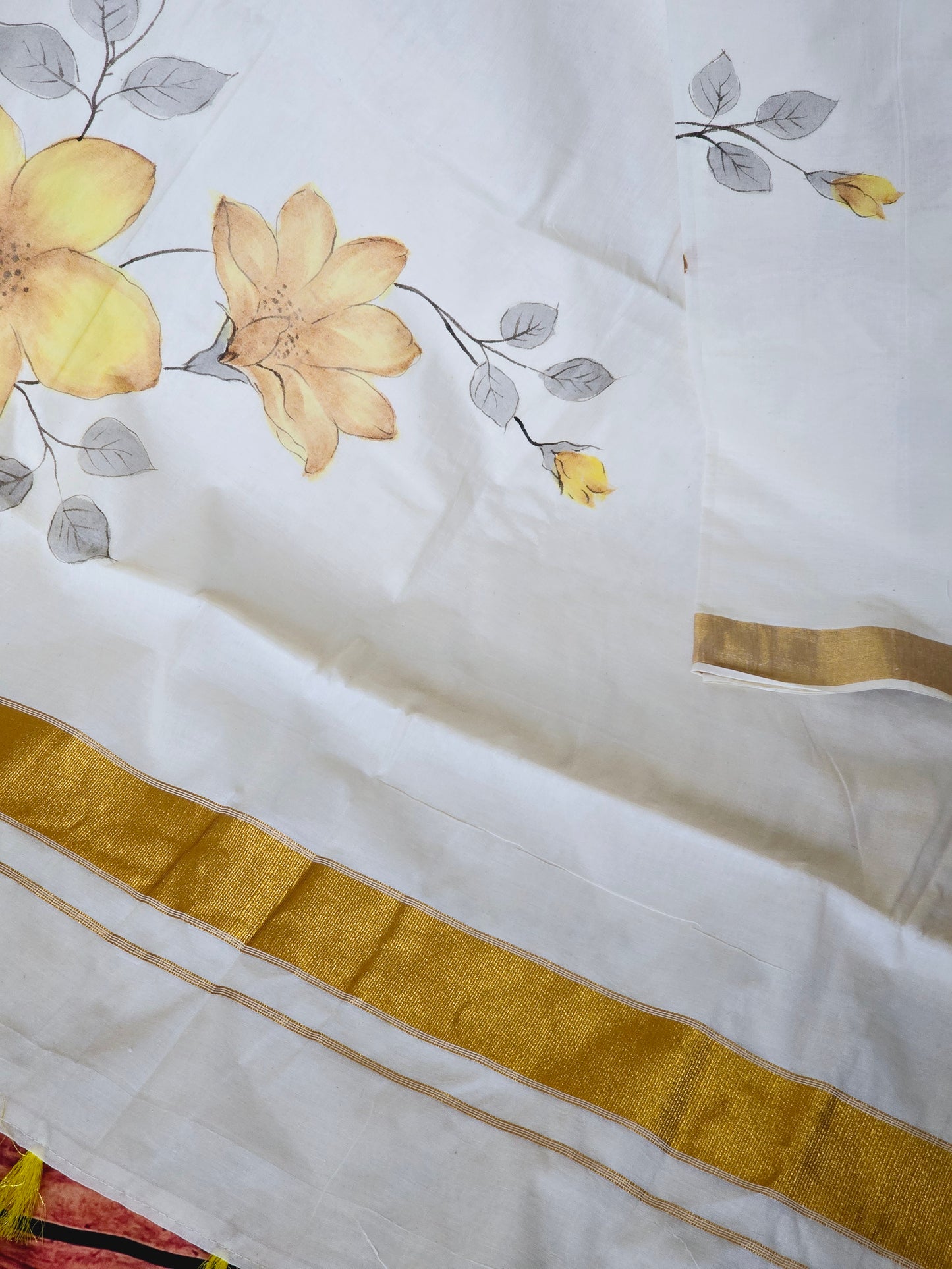 Set saree with yellow floral design (blouse available extra)