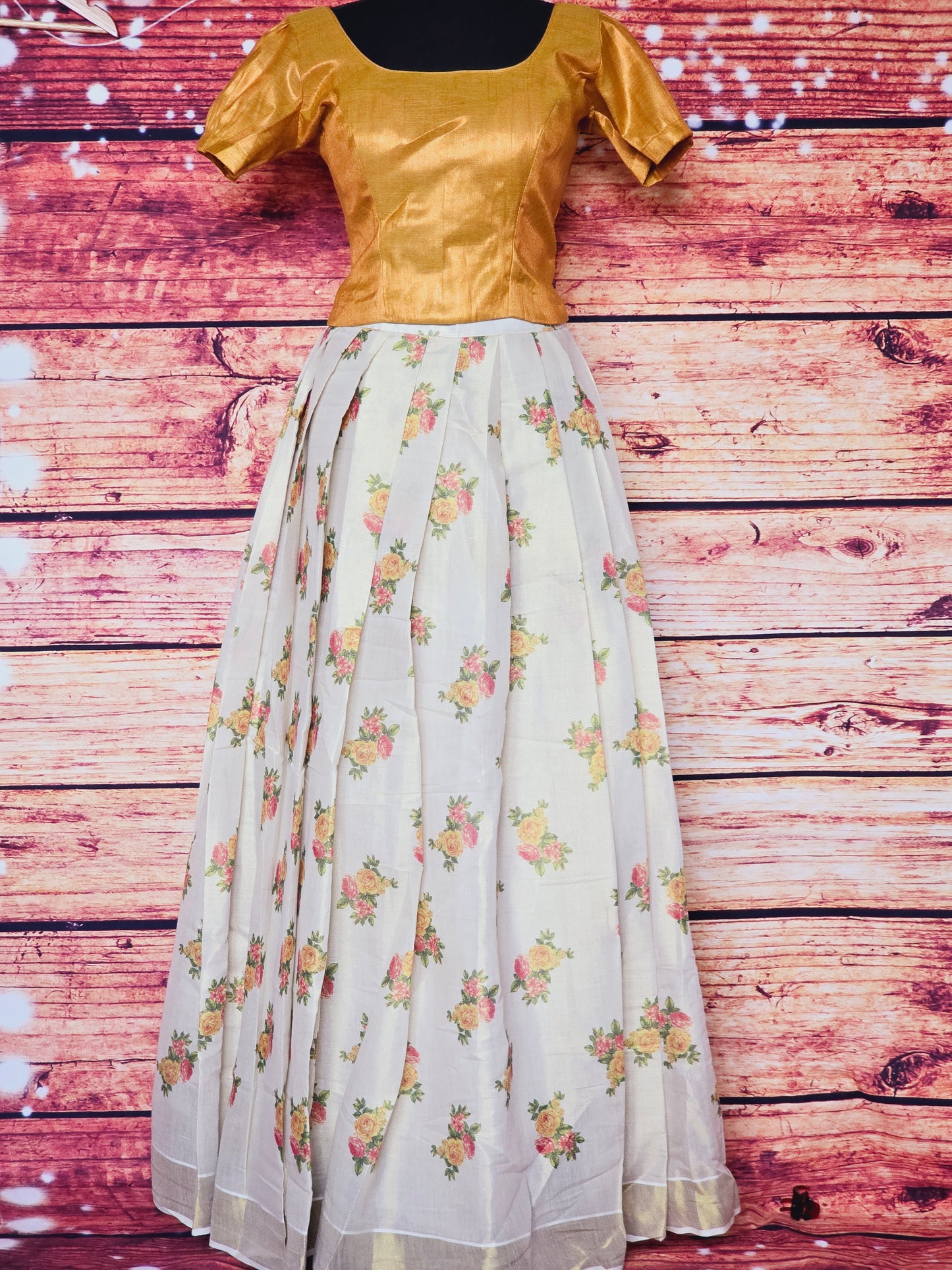 Onam floral skirt with yellow crop top