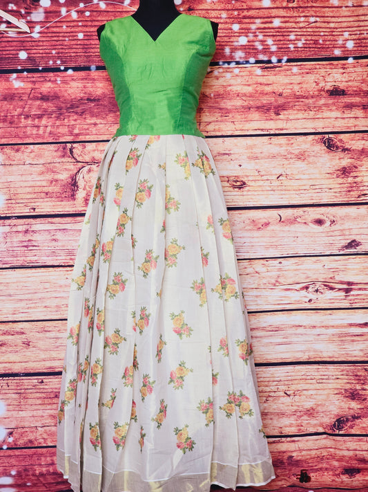 Onam floral skirt with green top sleevless(adult size)