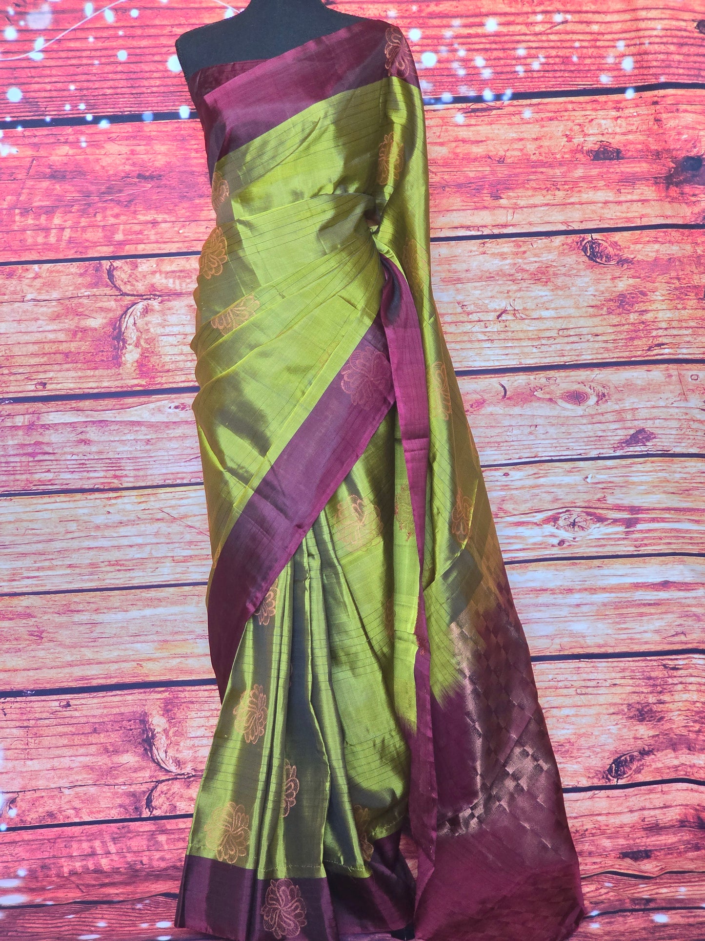 Mehendi green soft silk saree with dark brown border- stitched blouse