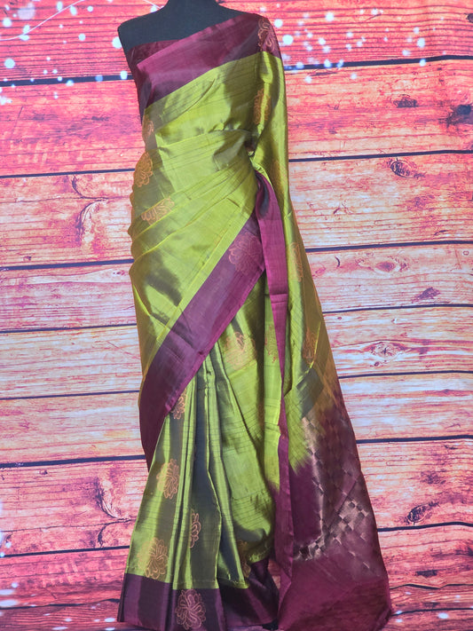 Mehendi green soft silk saree with dark brown border- stitched blouse