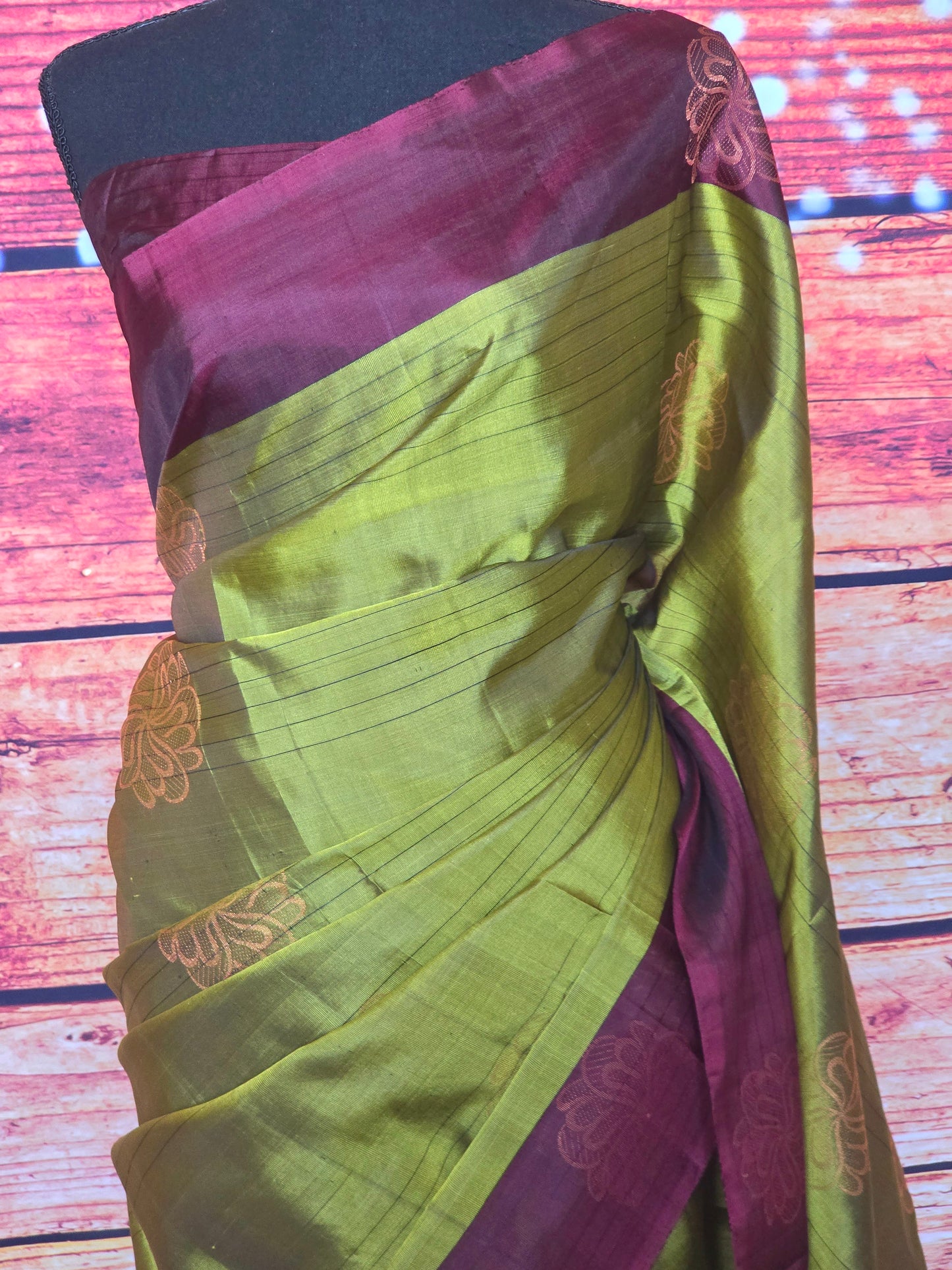 Mehendi green soft silk saree with dark brown border- stitched blouse