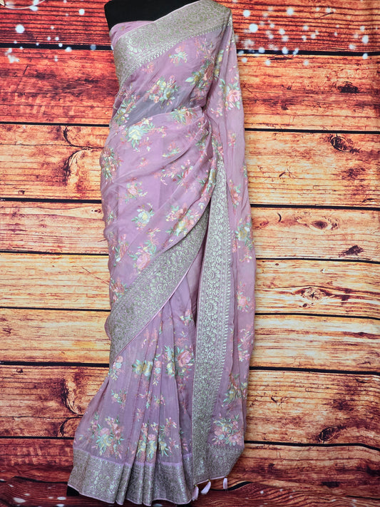 Organza ( baby pink) georgette saree with thread embroidary- stitched blouse