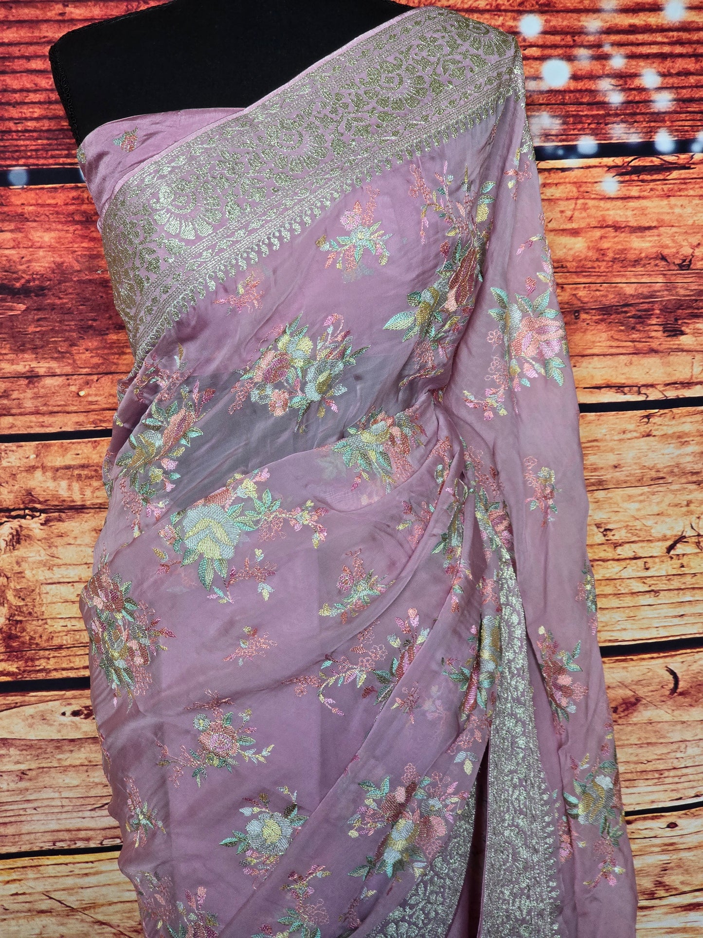 Organza ( baby pink) georgette saree with thread embroidary- stitched blouse