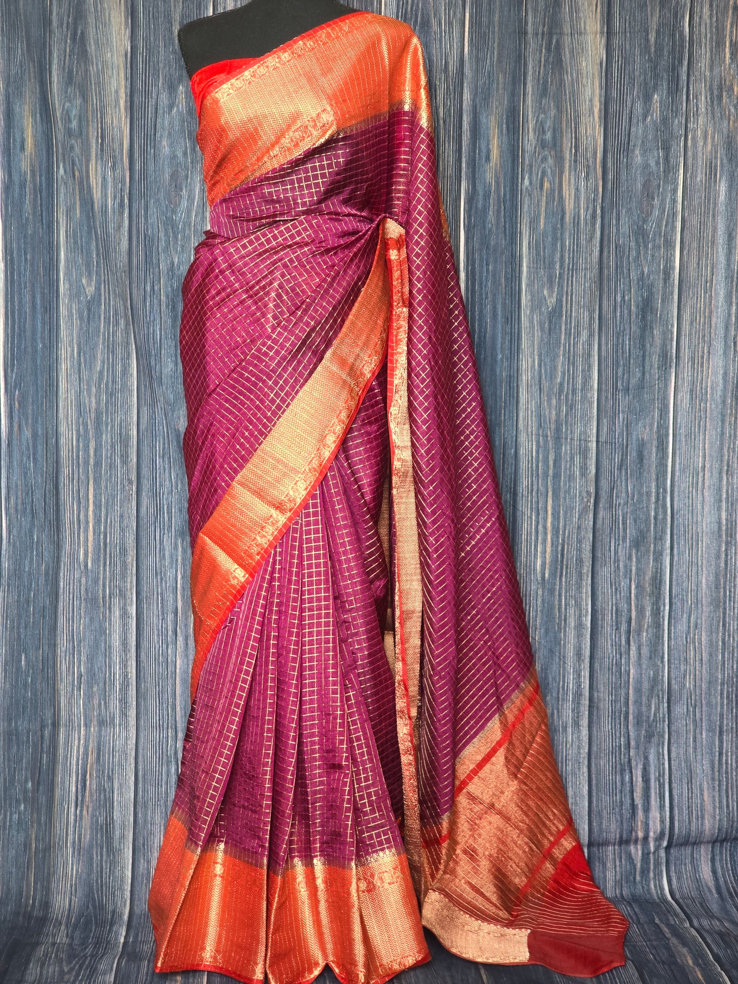 Semi silk saree (purple)with all over check body with red border