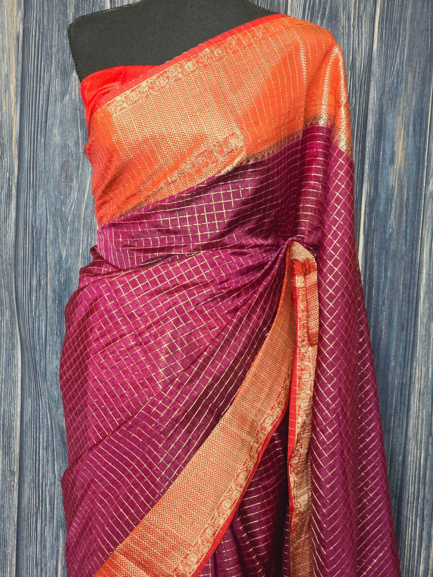 Semi silk saree (purple)with all over check body with red border