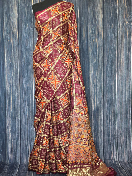 Gajji silk saree with ajrakh print- stitched blouse