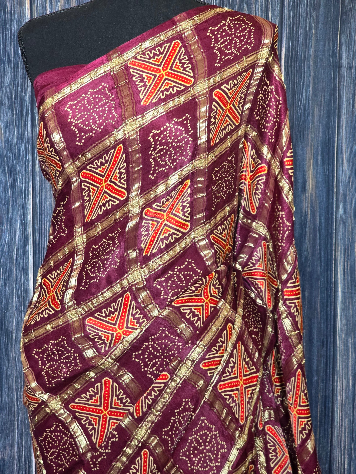 Gajji silk saree with ajrakh print- stitched blouse