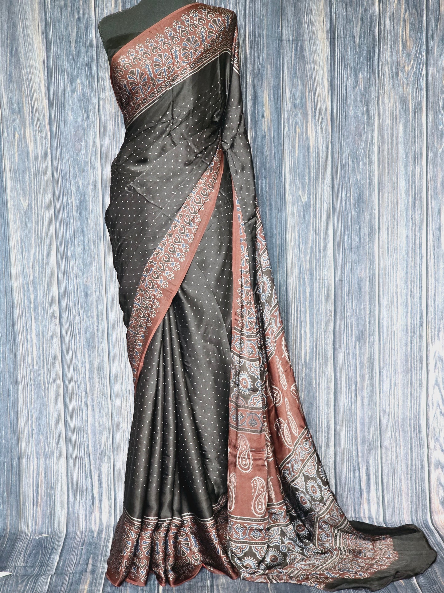 Modal silk saree with ajrakh design with stitched blouse