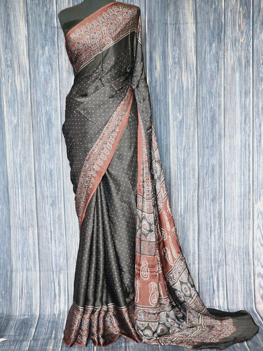 Modal silk saree with ajrakh design with stitched blouse