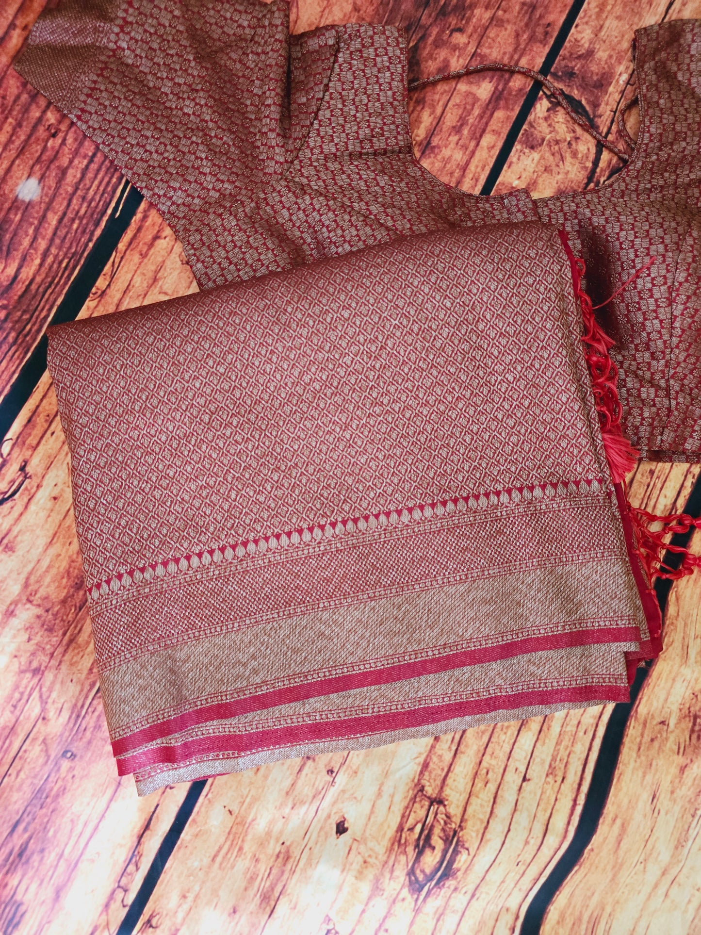 Semi katan (brocade light weight) saree with stitched blouse