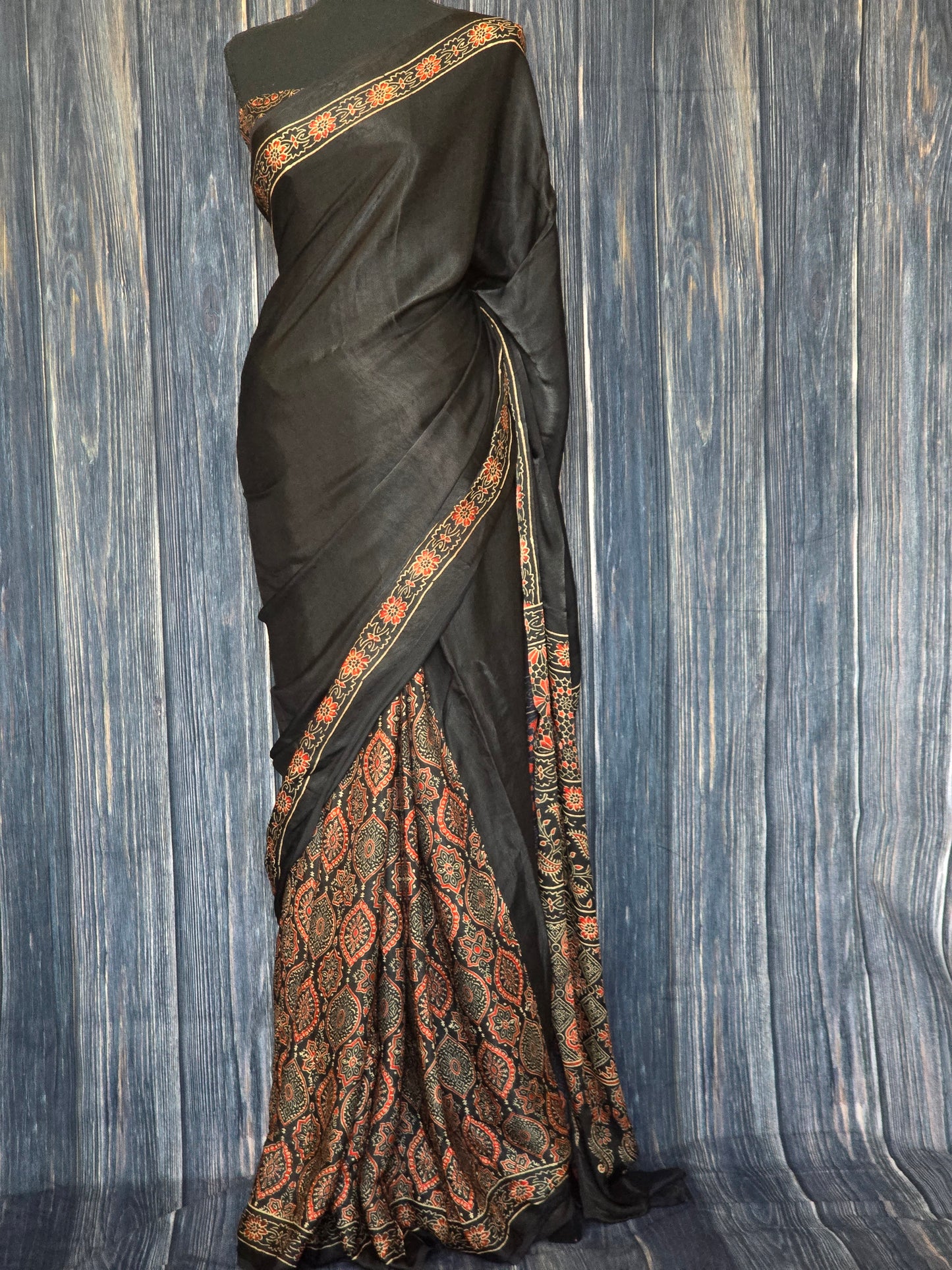 Modal silk saree with ajrakh design- stitched blouse