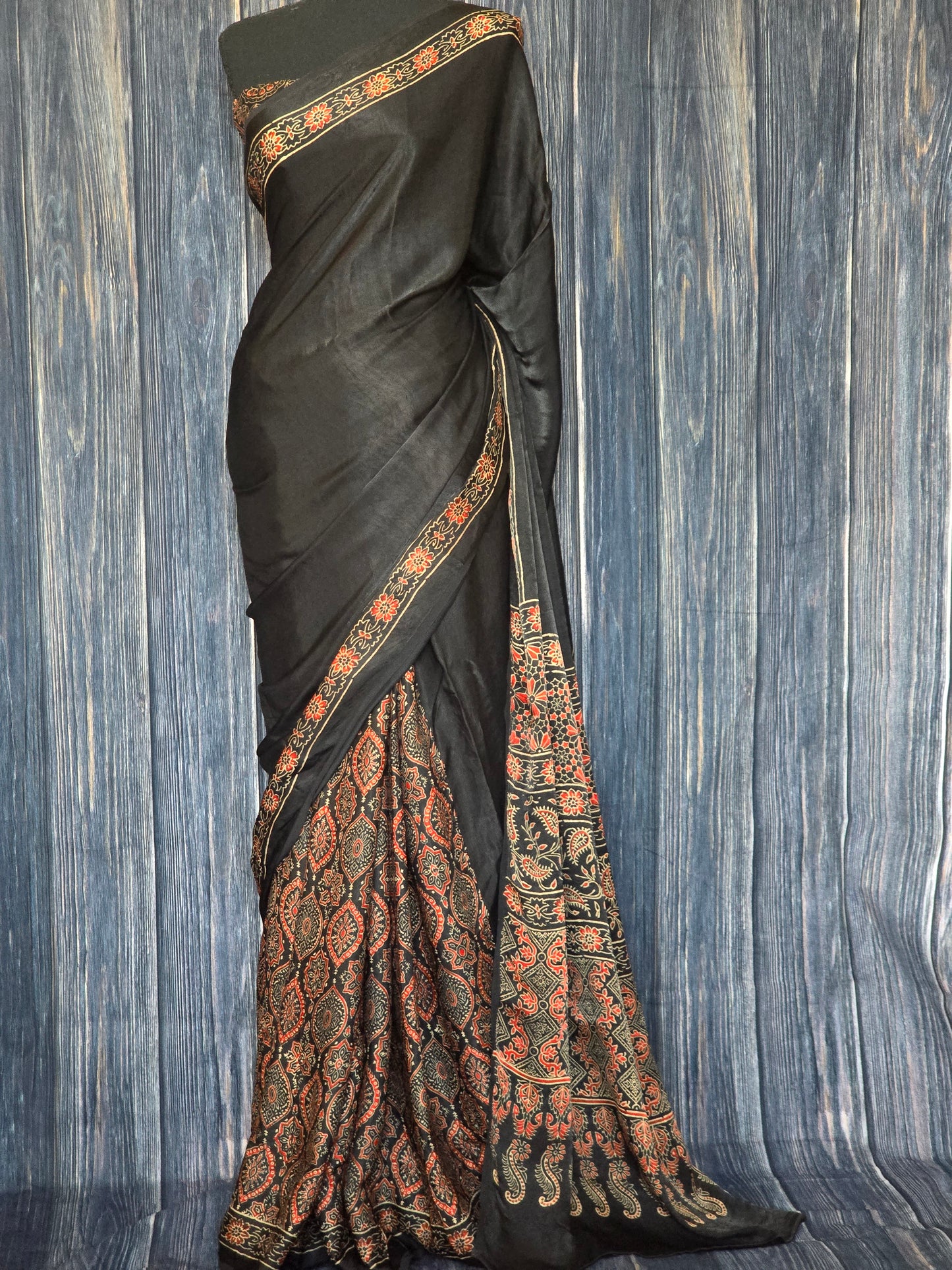 Modal silk saree with ajrakh design- stitched blouse