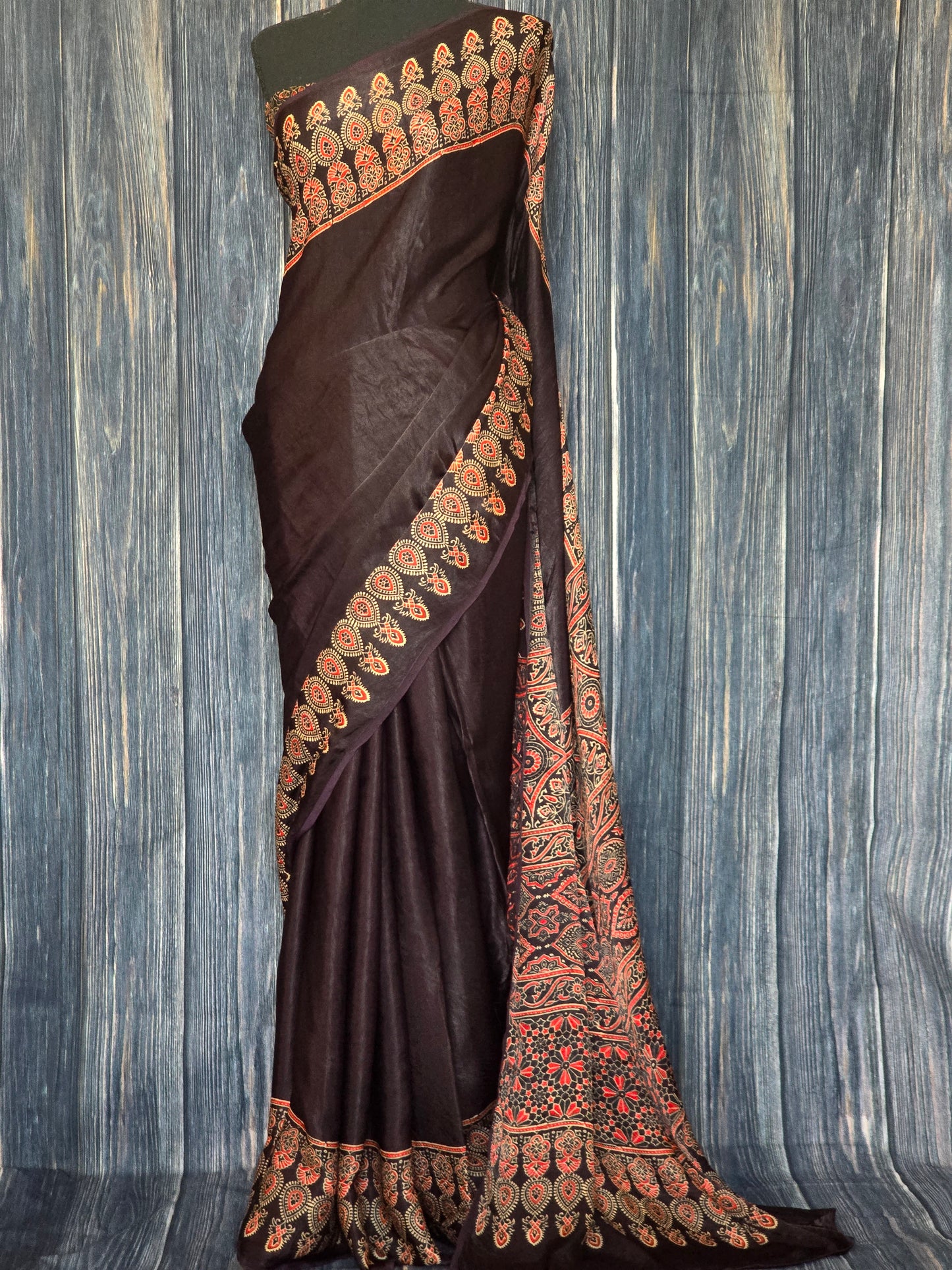 Dark purple modal silk saree with stitched blouse