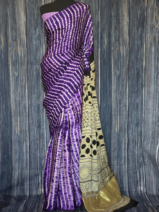 Modal silk saree with leheriya print and ajrakh pallu- BP