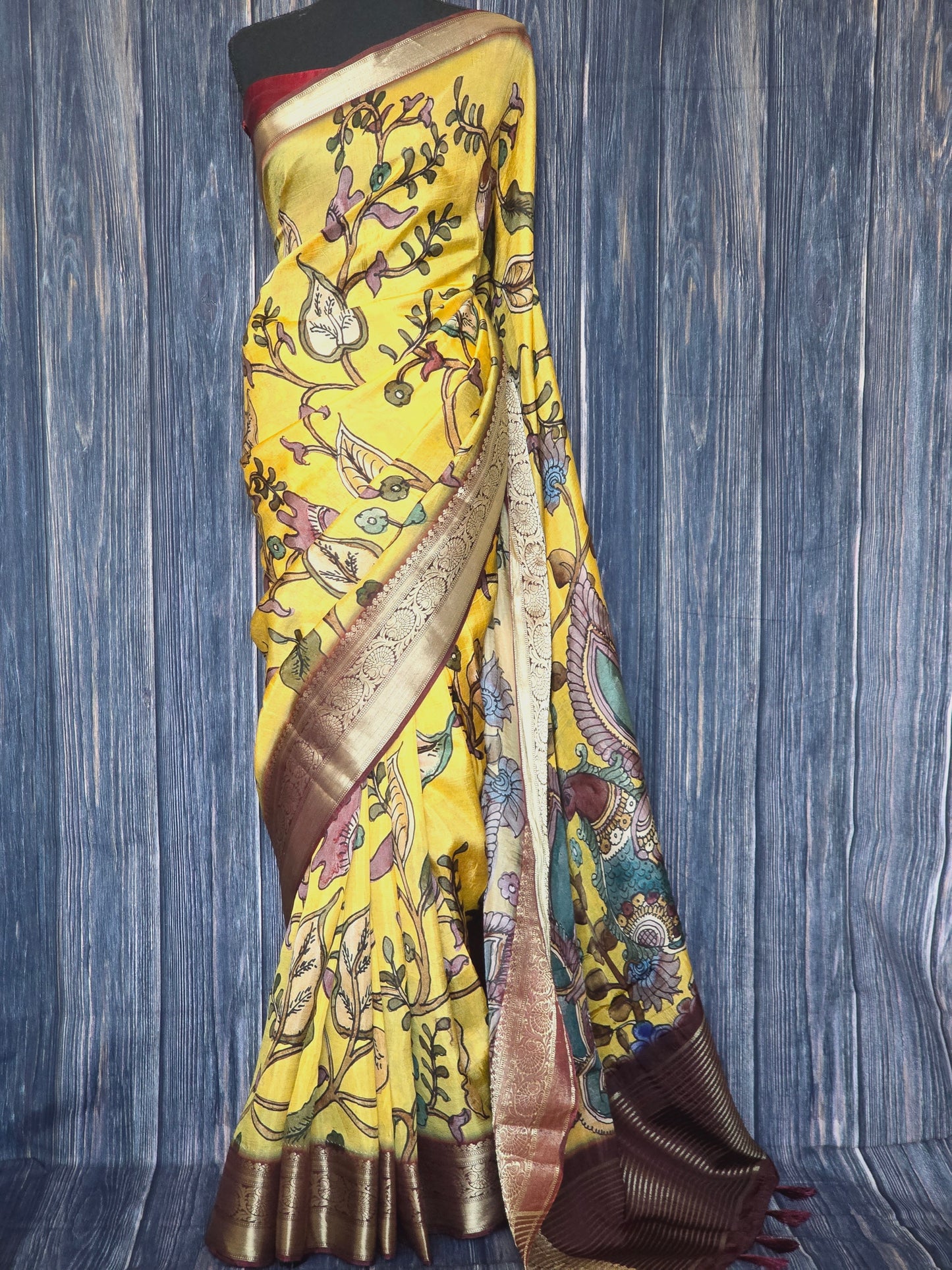 Crape silk saree with all over kalamkari design