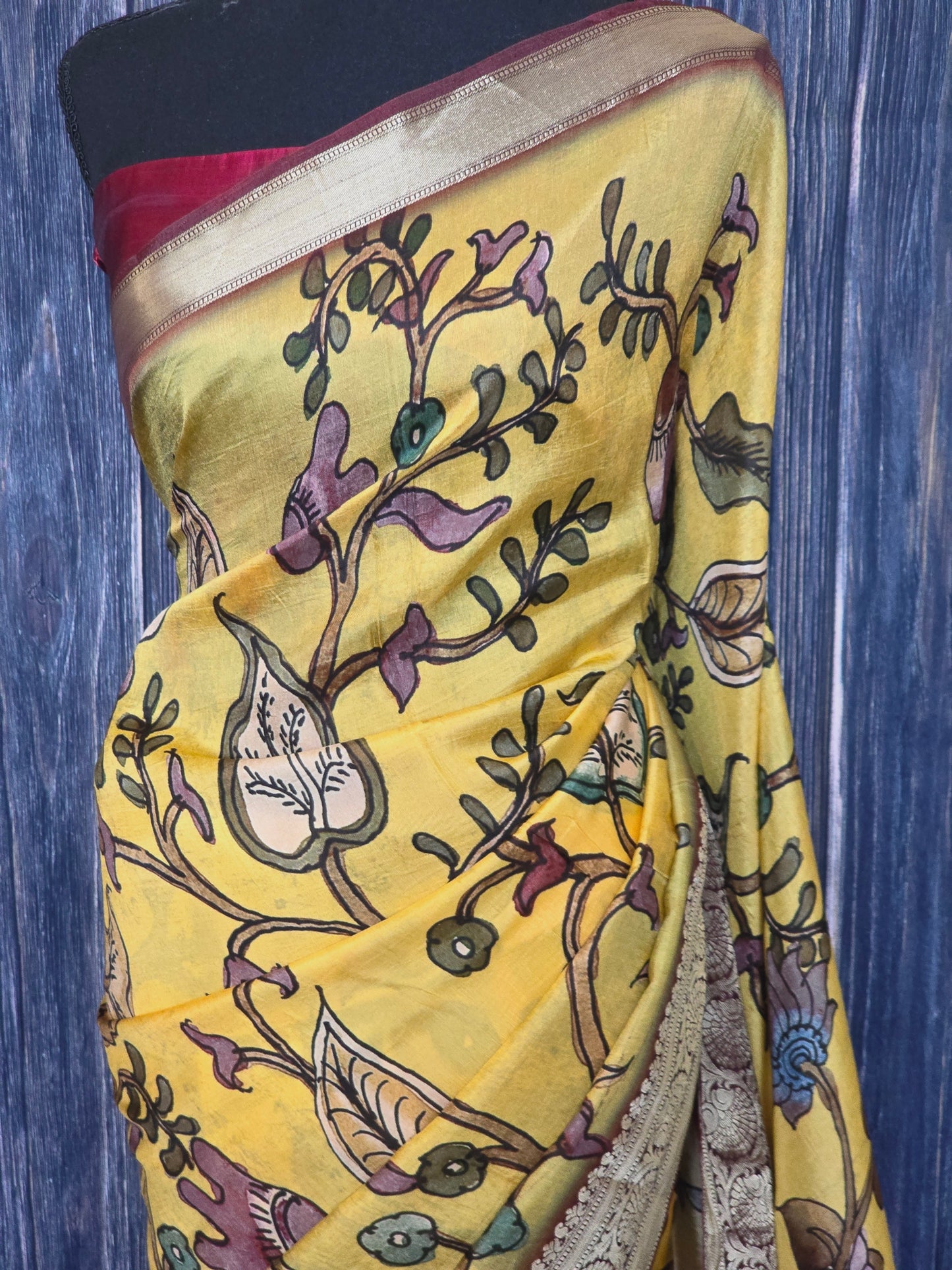 Crape silk saree with all over kalamkari design