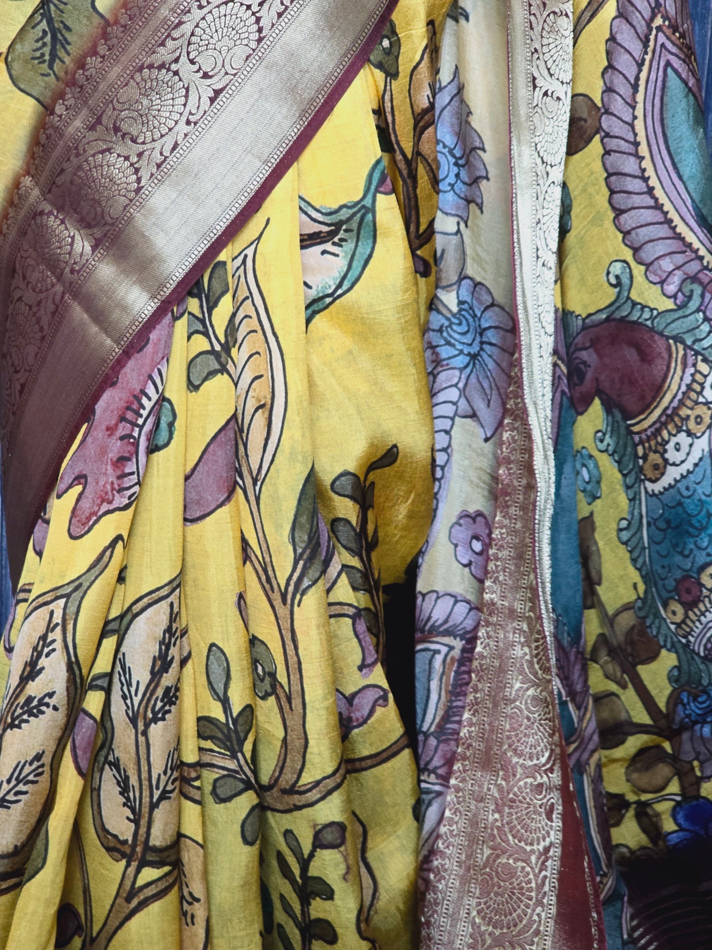 Crape silk saree with all over kalamkari design