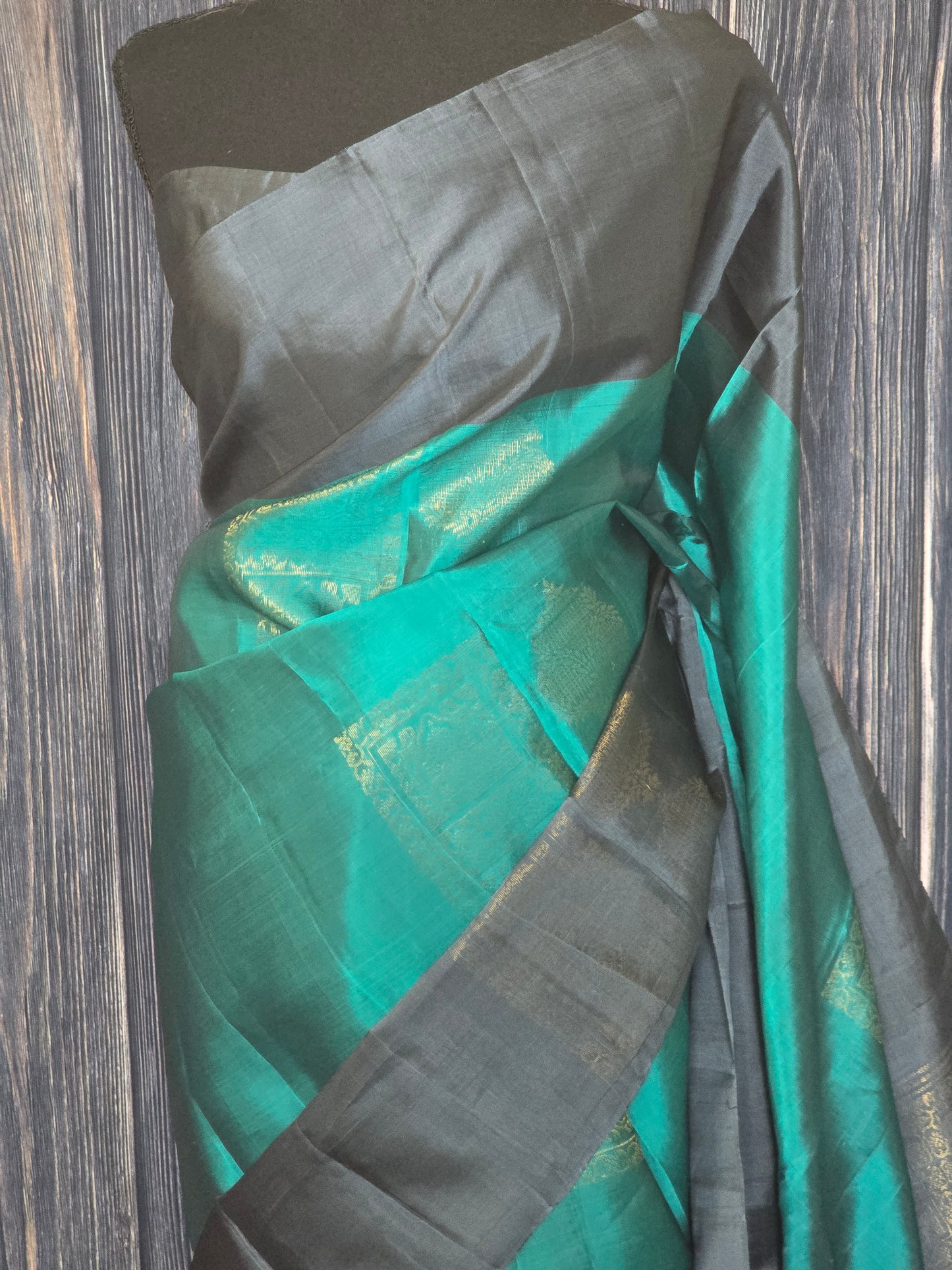 Kancheepuram soft silk (blue/grey) saree with stitched blouse