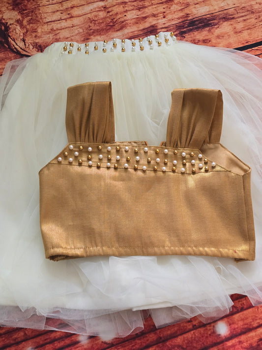 Net skirt(onam) and tissue crop top with pearl work ( 1-2 yrs old)