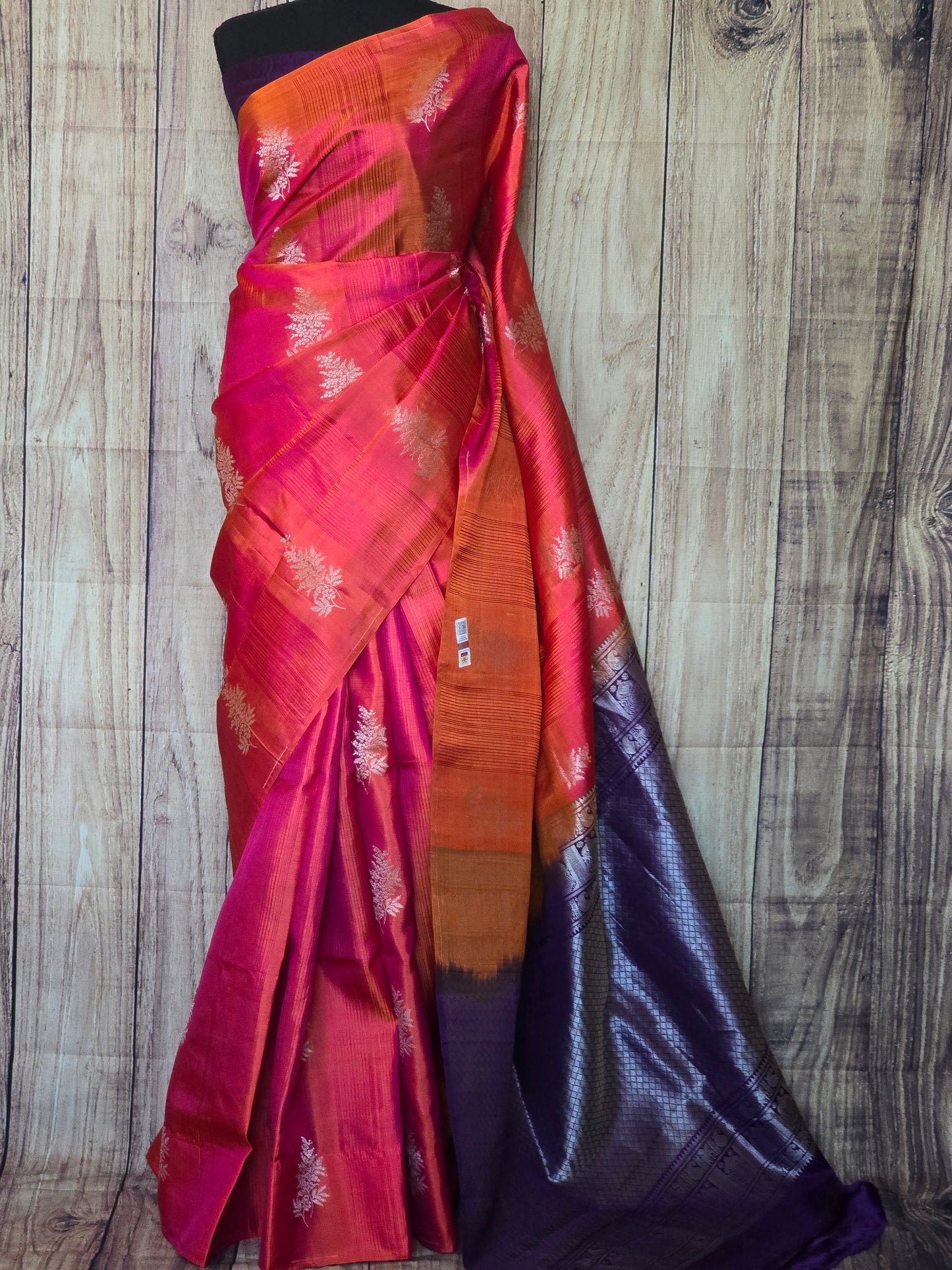 Kancheepuram soft silk (peach/orange) duel tone saree with stitched blouse