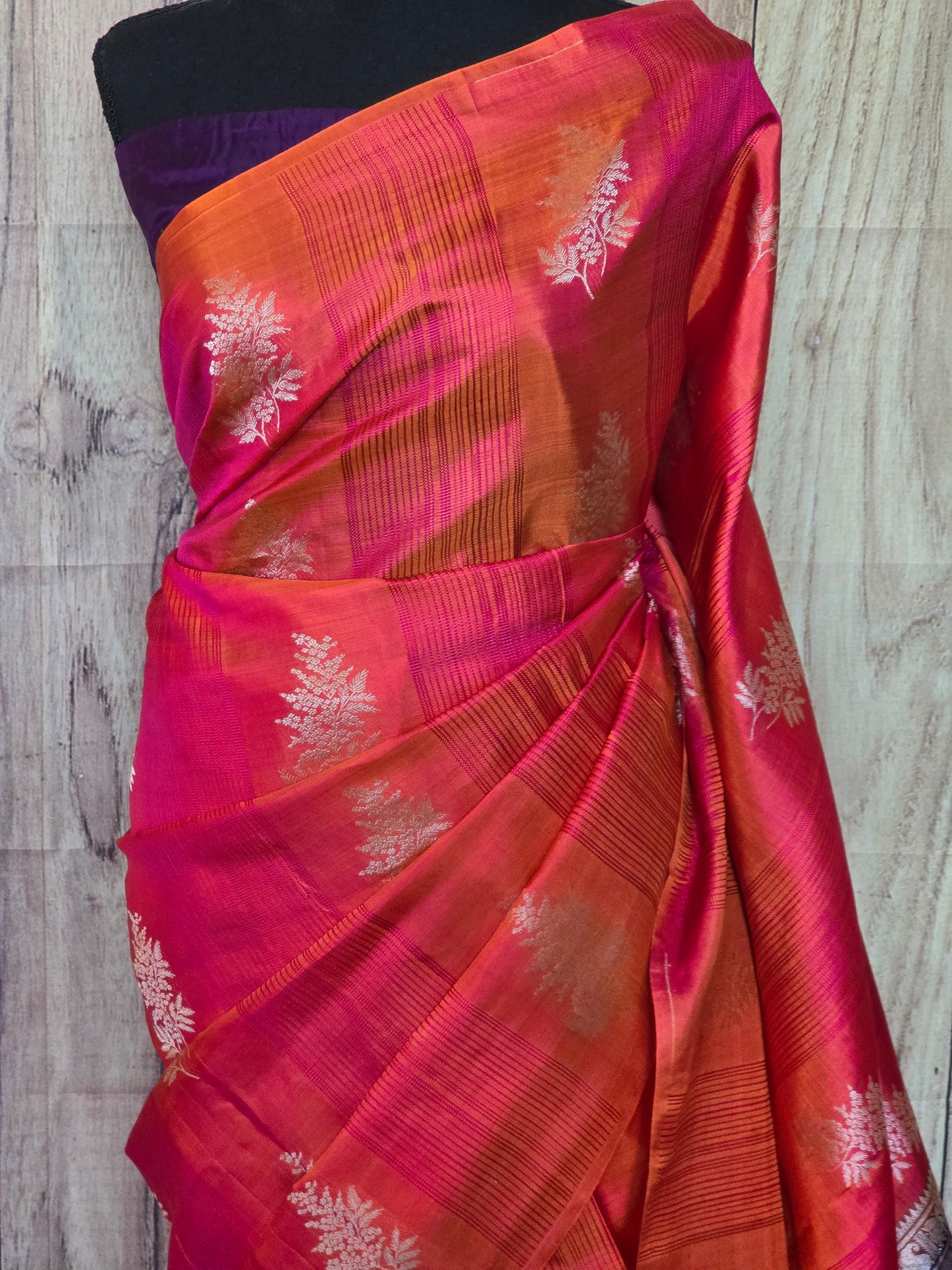 Kancheepuram soft silk (peach/orange) duel tone saree with stitched blouse