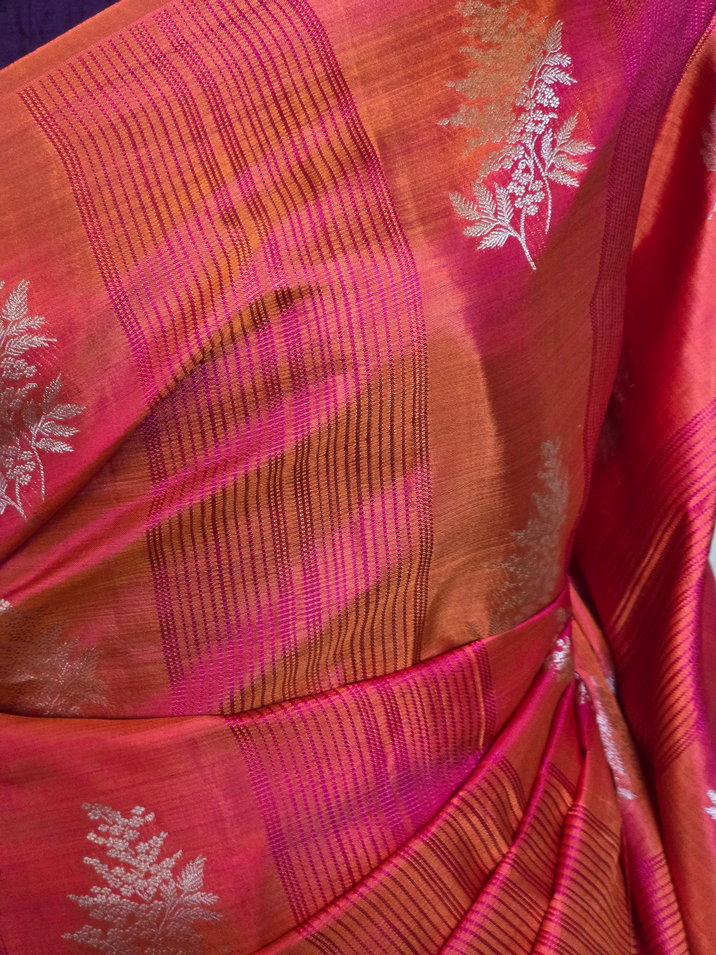 Kancheepuram soft silk (peach/orange) duel tone saree with stitched blouse