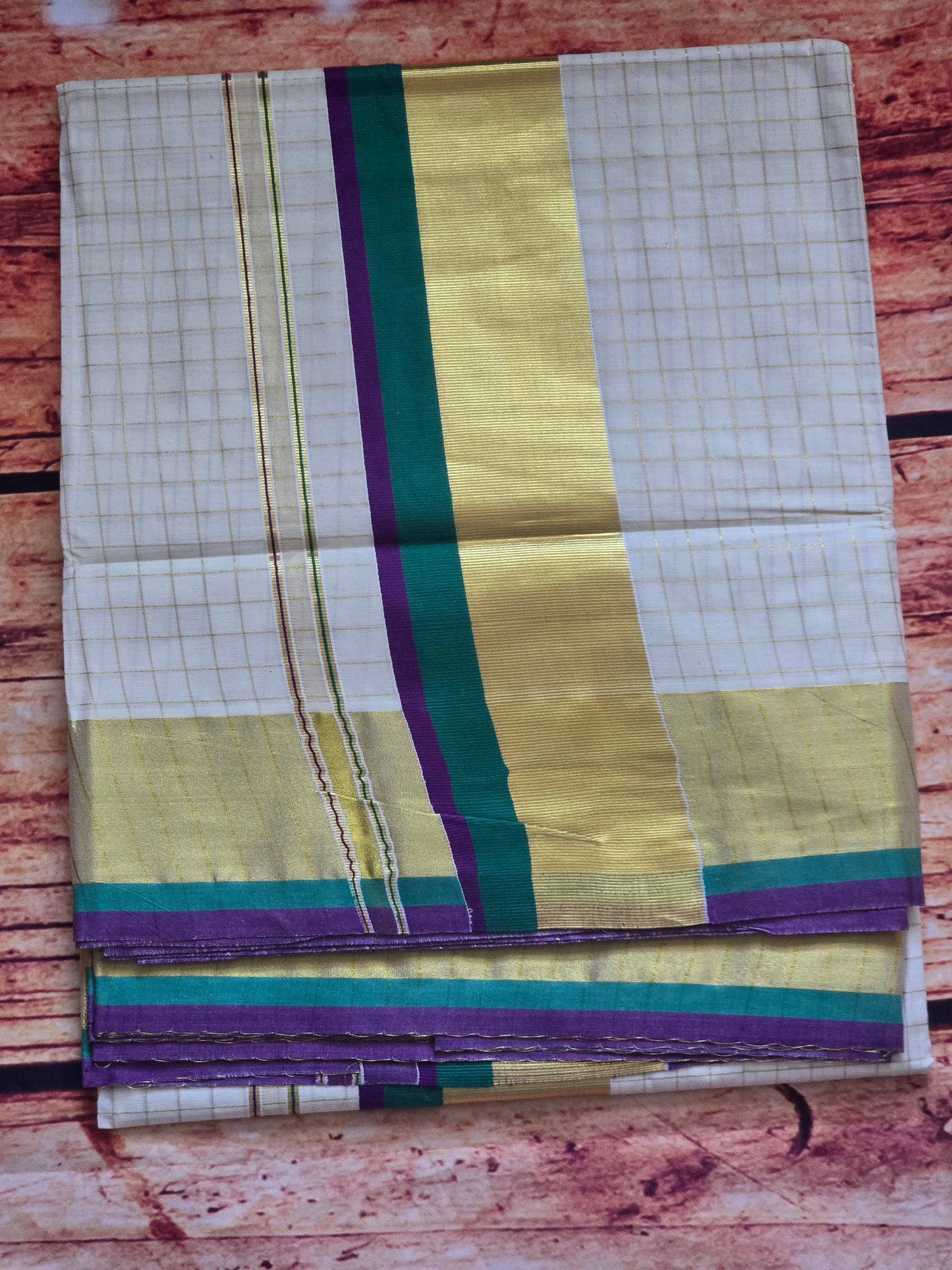 Set saree with check body/ multi color kasav