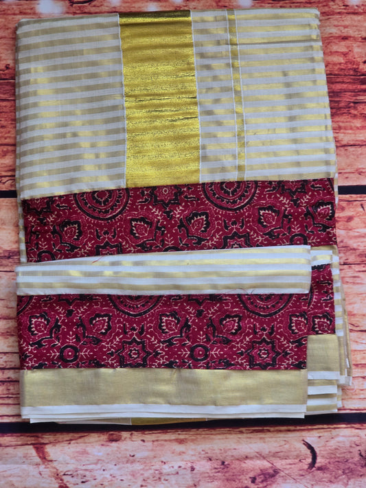 Set saree with gold strioes body-  printed border- stitched blouse (printed matiching blouse)