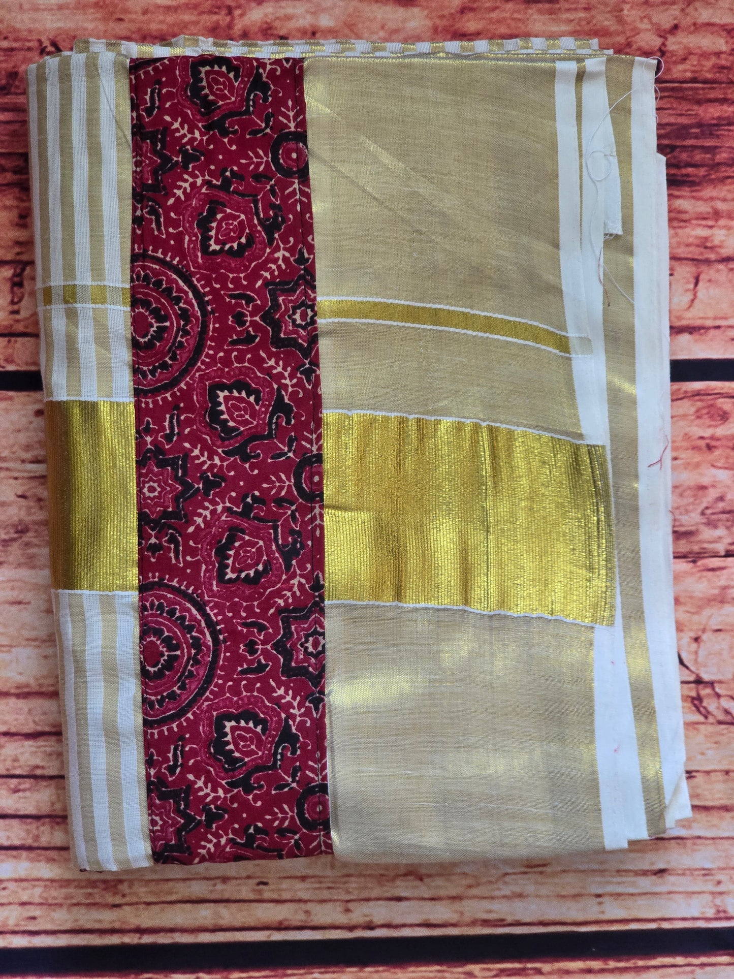 Set saree with gold strioes body-  printed border- stitched blouse (printed matiching blouse)