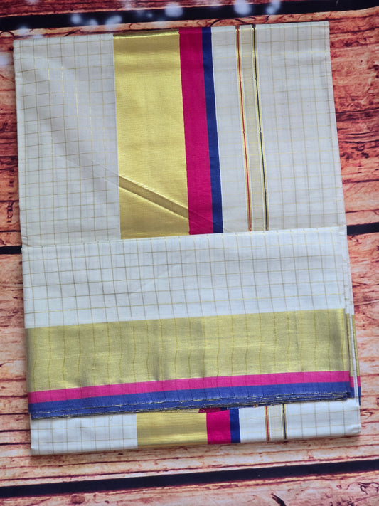 Set saree with check body/ pink blue/ gold kasav