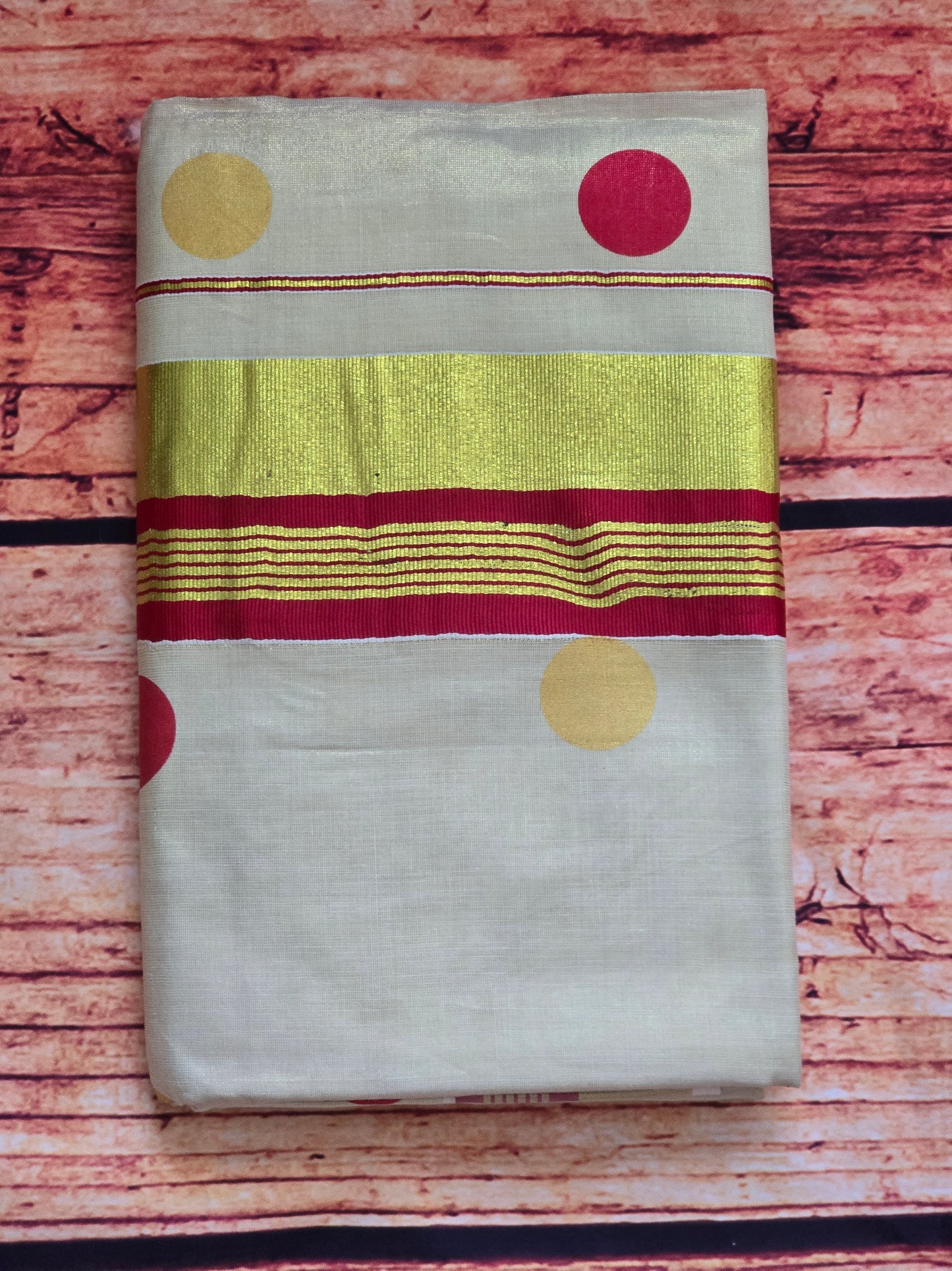 Tissue set saree with red/gold polka dots