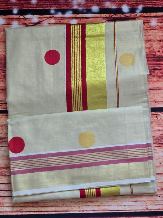 Tissue set saree with red/gold polka dots